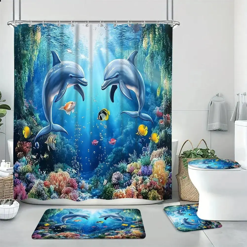 Polyester Dolphin Pattern Bathroom Shower Curtain Set, 1-Set Includes Shower Curtain, Toilet U-Shape Mat, Bath Mat & Toilet Lid Cover, Home Bathroom Decor Accessories