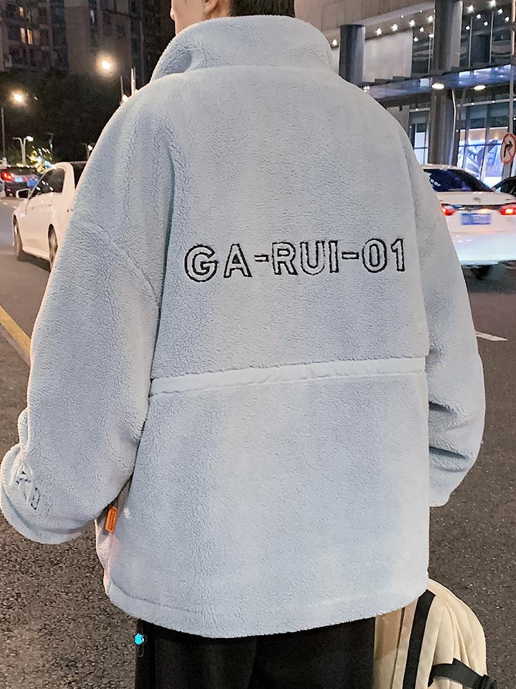 Men's lambskin stand collar embroidered warm jacket Large size loose casual fleece cotton jacket American street style letter embroidery fleece jacket