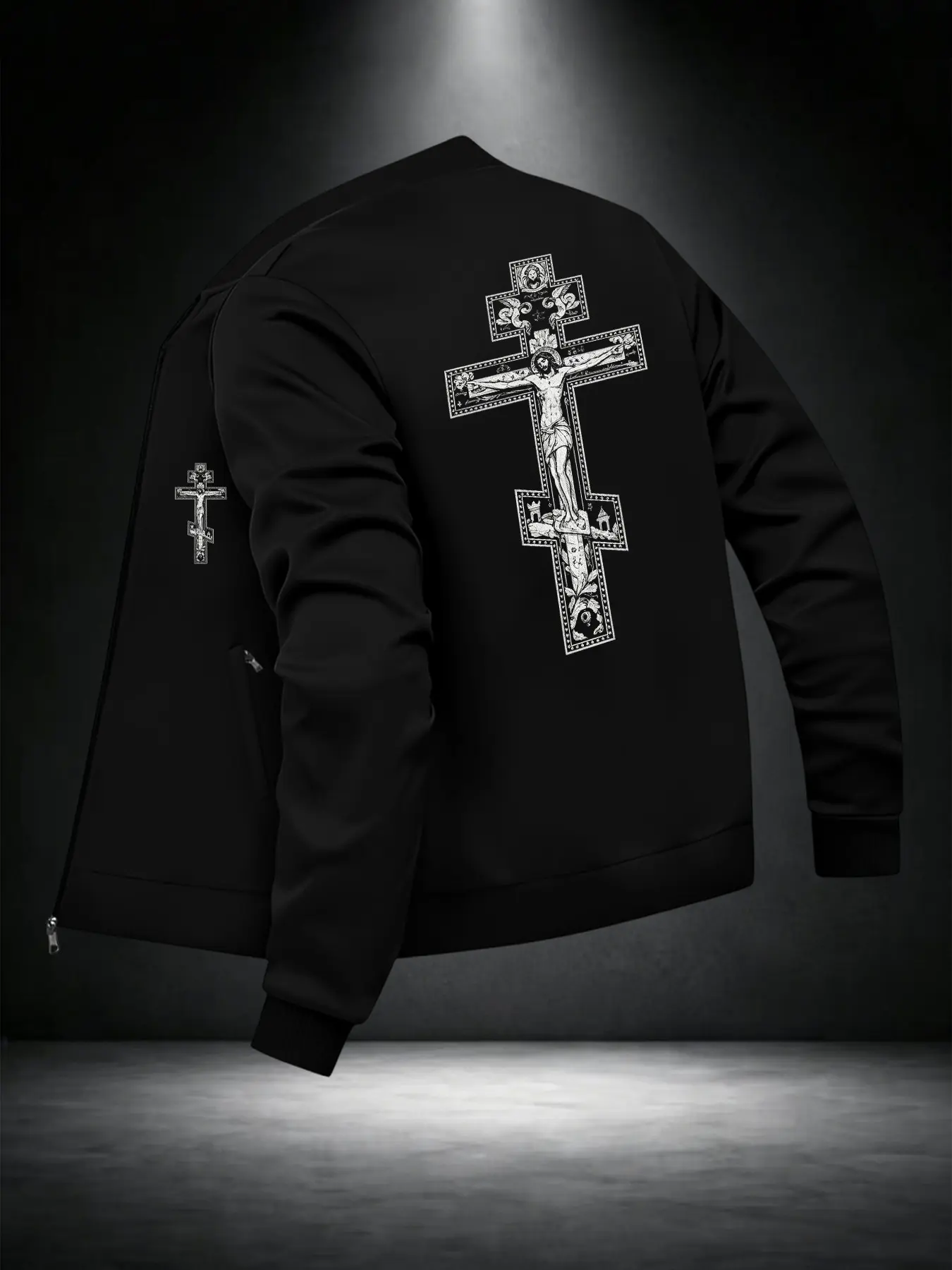 Men's Long Sleeve Zipper Jacket, Full Zip, Christian Cross and Jesus Pattern, Casual Streetwear, Loose-Fitting Outerwear, All Seasons