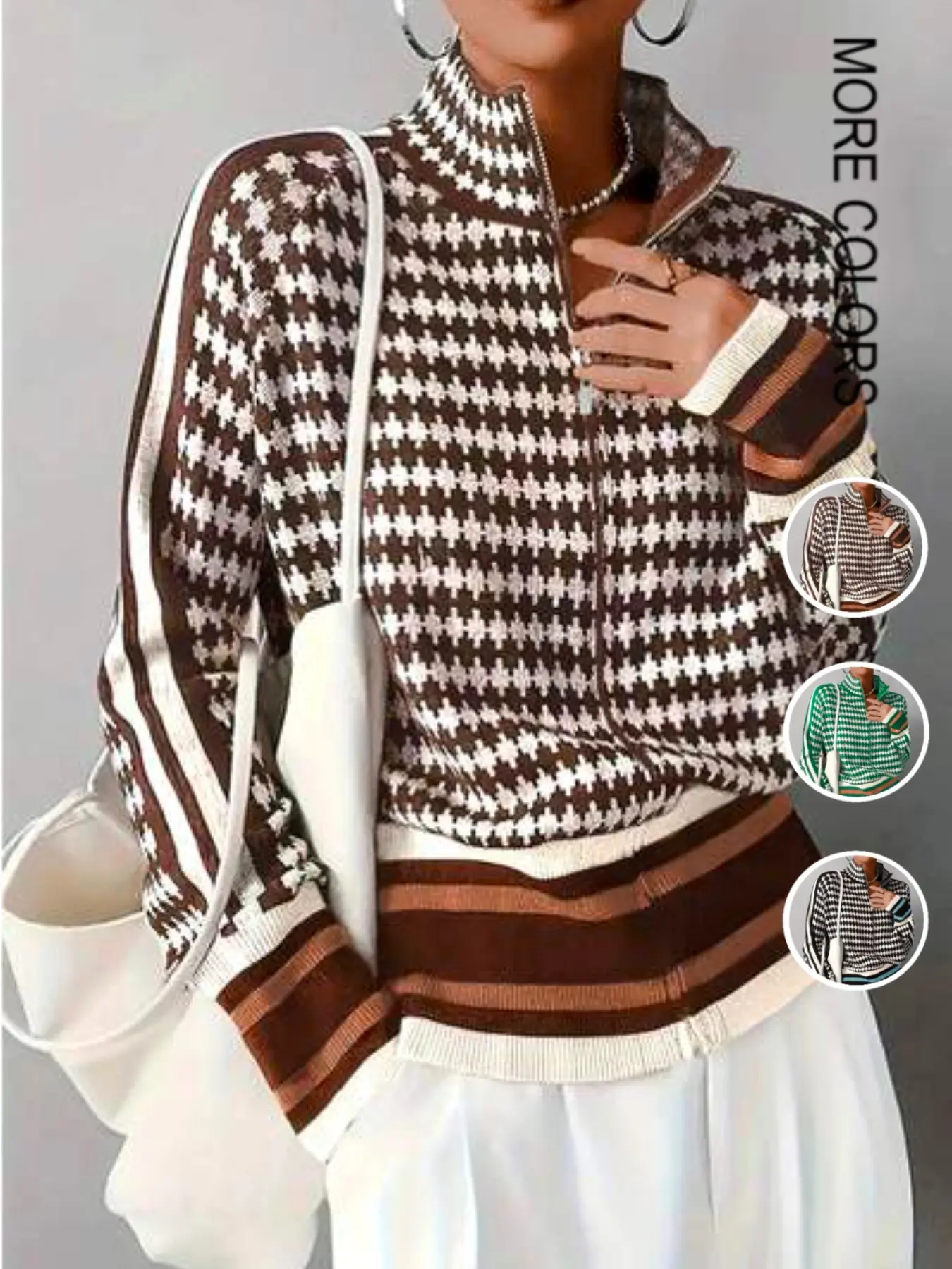 Elegant Plaid Patchwork Stand Collar Zipper Top, Fall Winter New Knit Cardigan, Loose Fit Slimming Commuter Jacket, Fashion Long Sleeve Knit Sweater