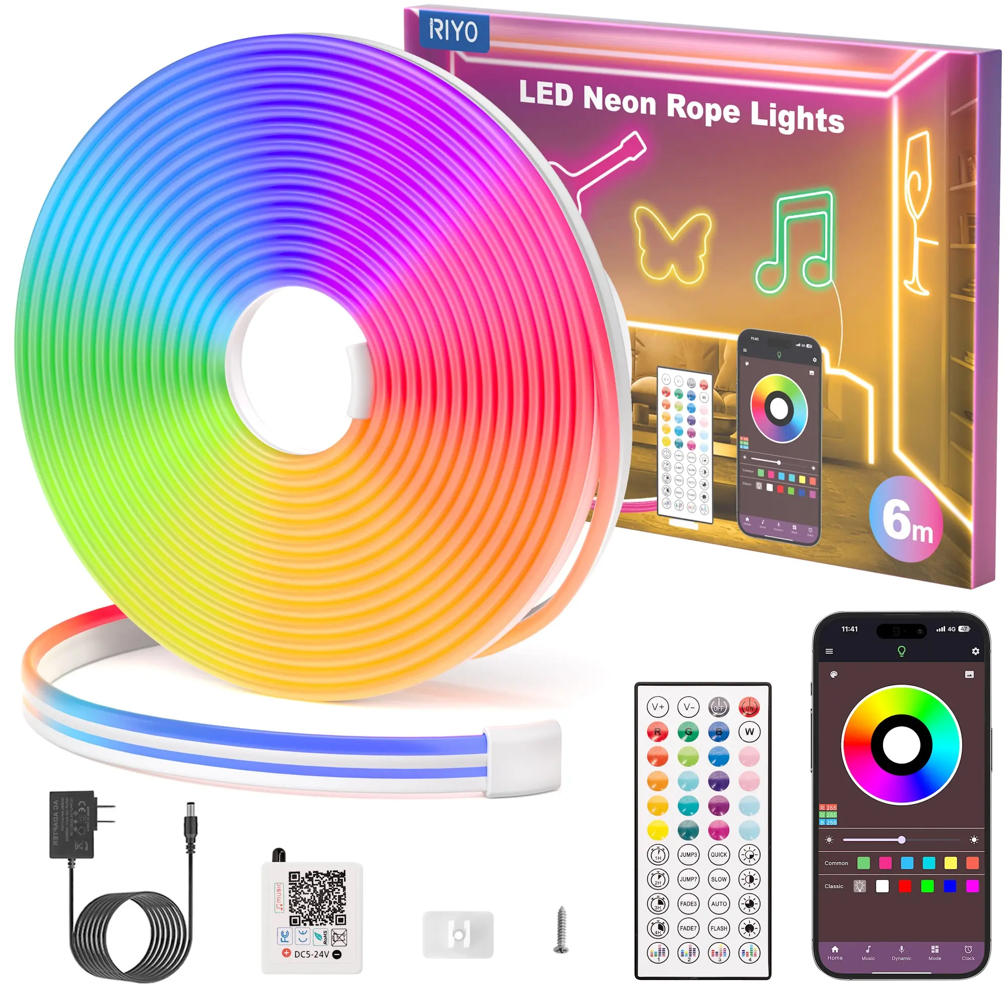 Riyo 6m Neon LED Strip Light, Flexible LED Strip, APP/remote Control, Multi-Mode, Music Sync, Indoor/outdoor Use, Party, Pool, Furniture