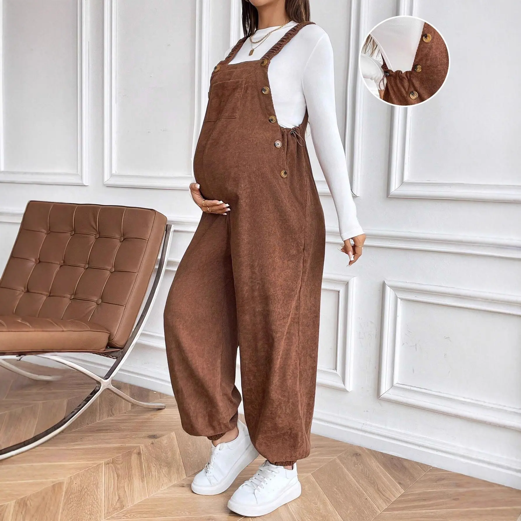 Women's Ocean-Style Fall Winter Corduroy Maternity Overalls, Adjustable Waist, Loose Fit Casual Jumpsuit Clothes for Pregnant Moms