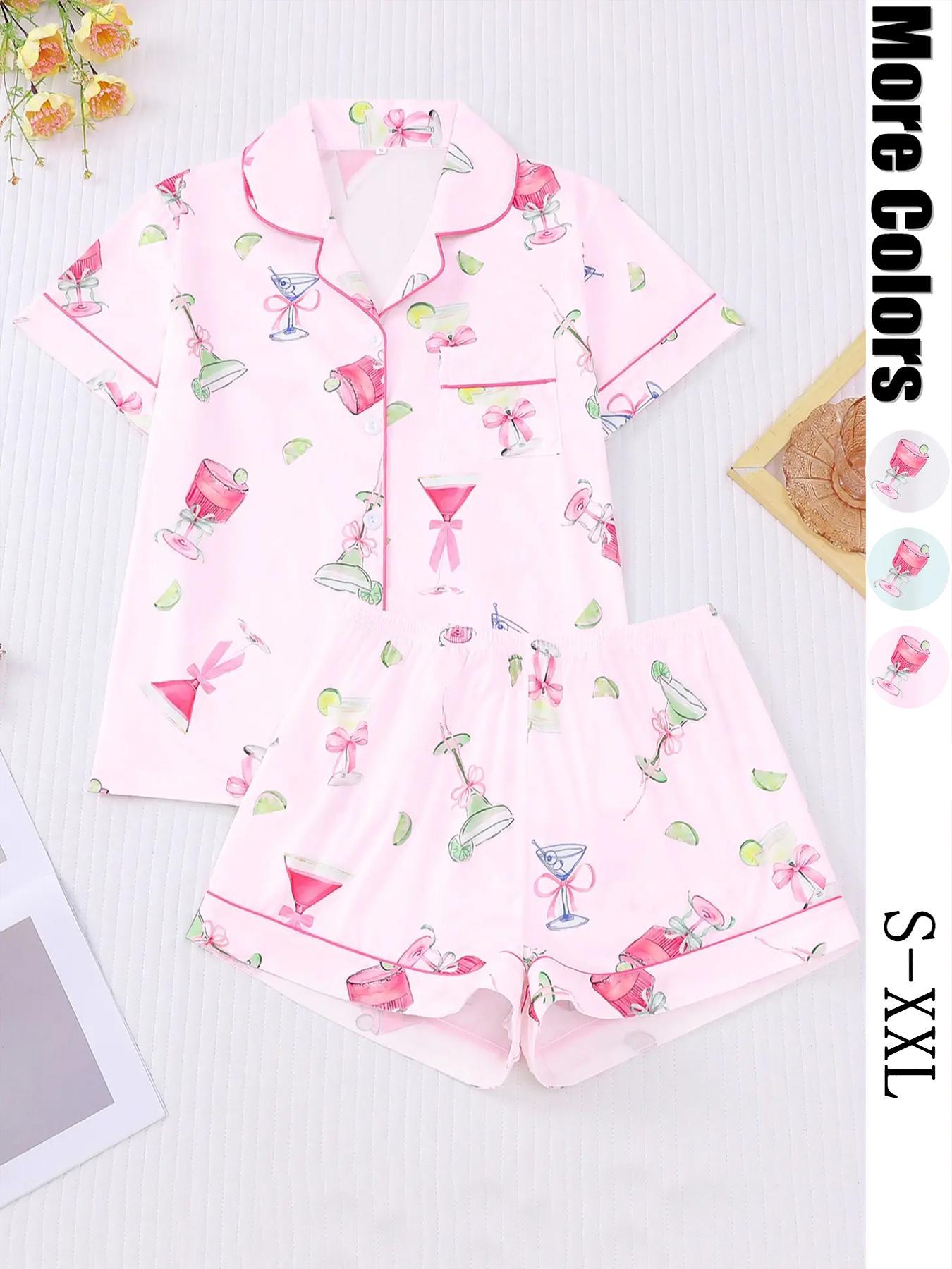 Women's All Over Cocktail Print Button Front Shirt & Elastic Waist Shorts Pyjama, Casual Comfy Short Sleeve Top & Shorts PJ Set, Ladies Sleepwear for All Seasons, Loungewear, Sleepwear Pajamas Set