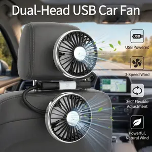 2-In-1 Car Fan, 360° Rotating Dual Head Design, LED Light, Adjustable Speeds, USB Powered, Air Circulation, Fast Ventilation