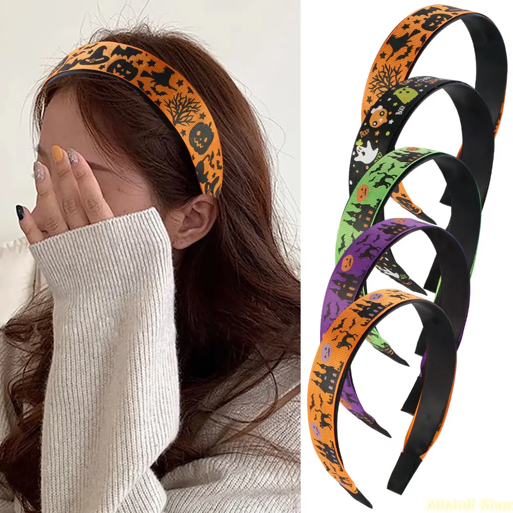 Women's Halloween Headbands, Wide Edge Top Knot Style with Ghost and Skull Print, Festive Female Hair Accessory for Parties