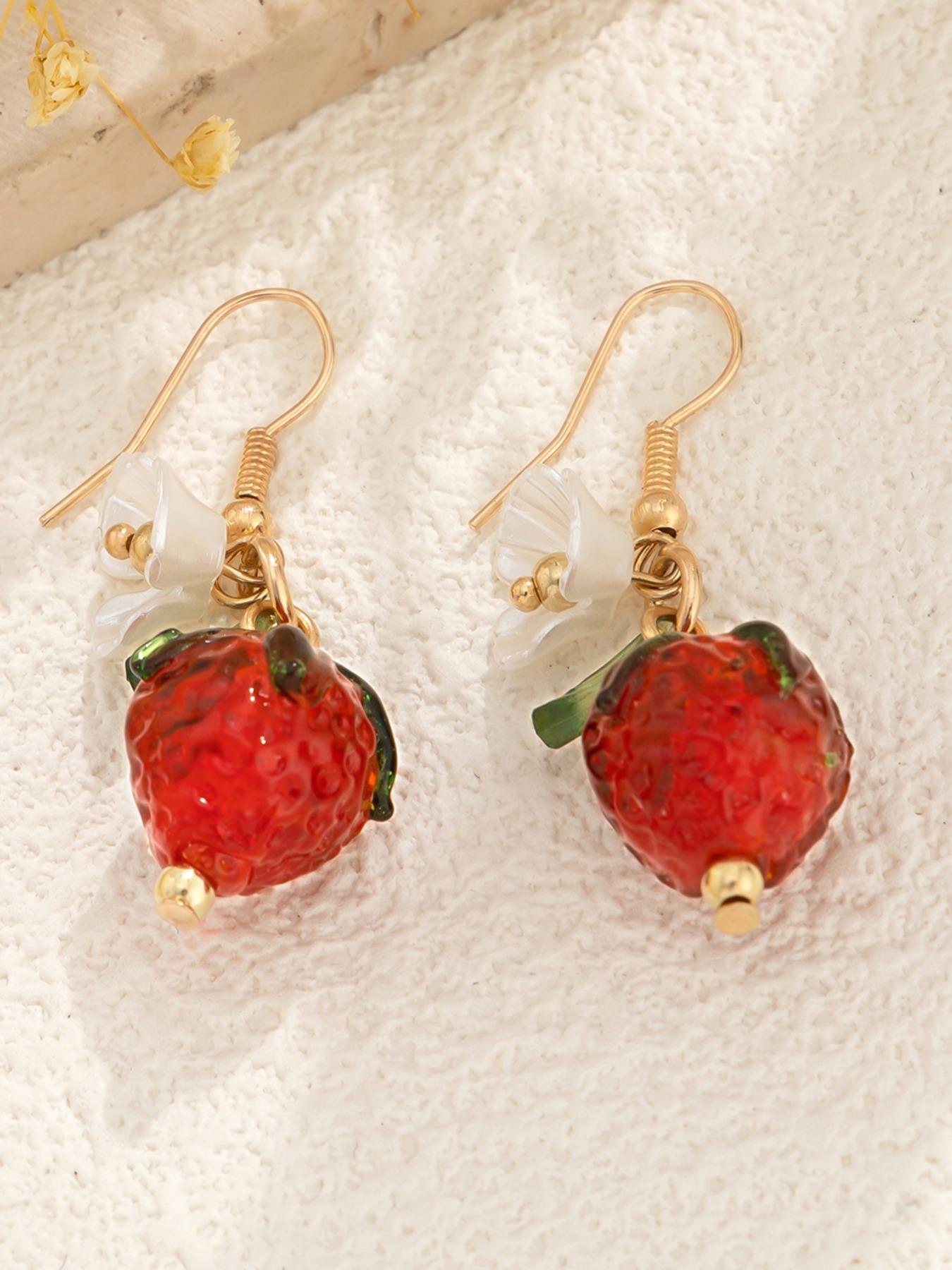 Cute Strawberry Design Dangle Earrings for Women & Girls, Fashion Floral Drop Earrings, Cute Summer Jewelry Accessories, Fruit Veggie Earrings