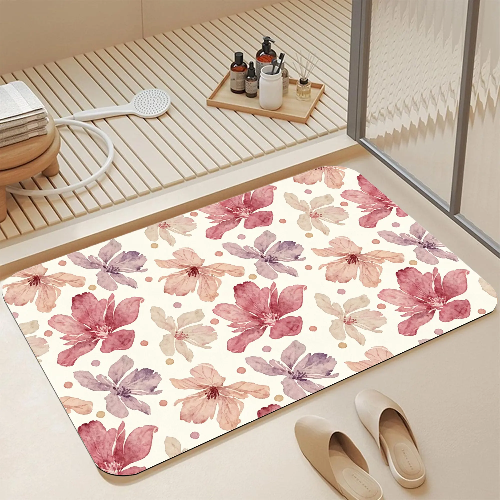 16*24" Soft Cream Off-White Base Watercolor Dusty Rose Blush Mauve Lavender Flower Ink Dot Neutral Vintage Wabi-Sabi Diatomite Bath Mat |   Quick Dry Non Slip Vintage Muted Tone Watercolor Pastel Floral Ink Speckle Seamless Print Diatomaceous Earth Bath M