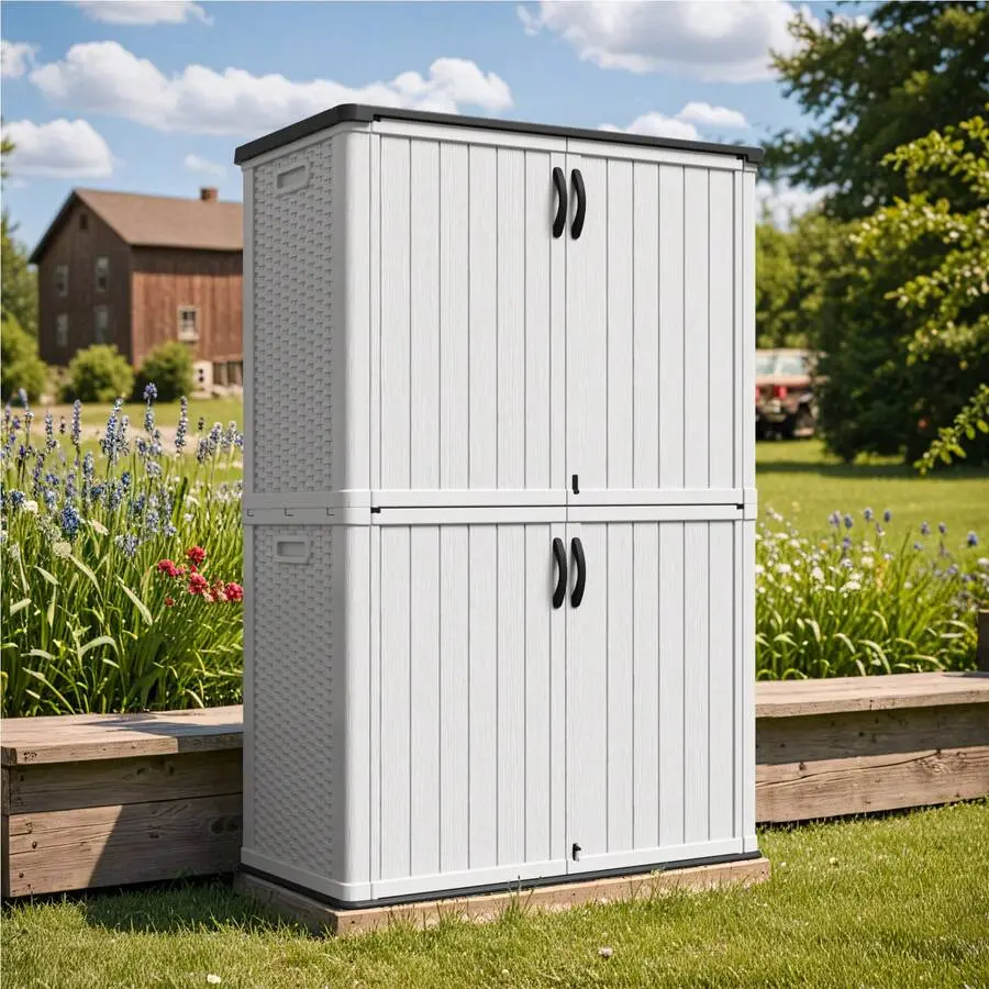 Flamaker Plastic Outdoor Vertical Storage Shed - 50 Cuft White Single Unit with Solid Panel, Floor Base, Shelves, Waterproof Design, Simple Setup, Assembly Instructions for Camping & Household Daily Use