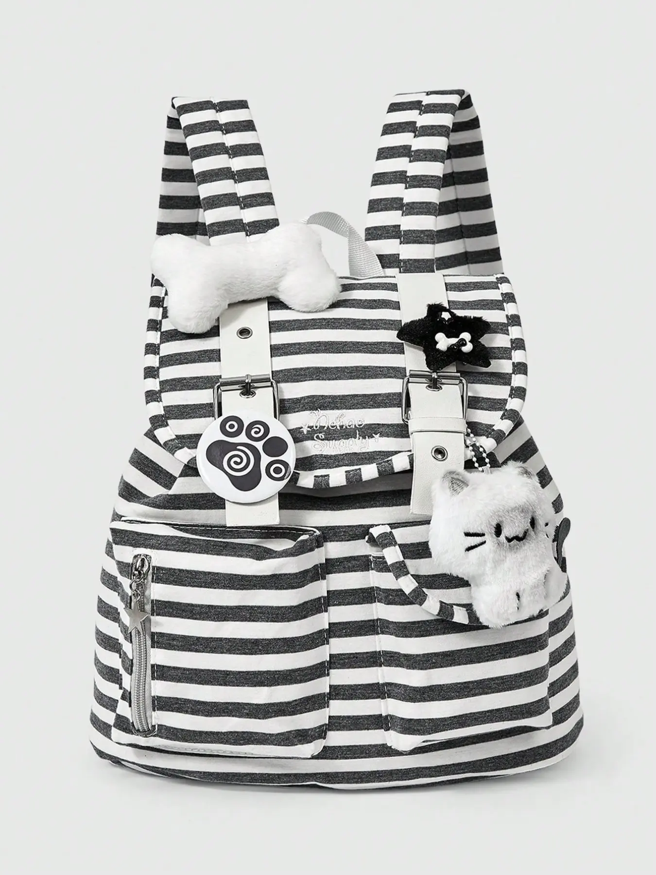 Punk Campus Style Striped Cat Paw Bone Design Backpack, Multi-Pocket Fashion Casual Unisex Bag, Ideal for Commuting and Schooling, Student Backpack, College Backpack