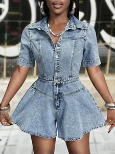 Sexy Cowgirl Style Denim Jumpsuit, Waist Cinched A-Line Hem Slimming Short Sleeve Top, Trendy Fashion for Women