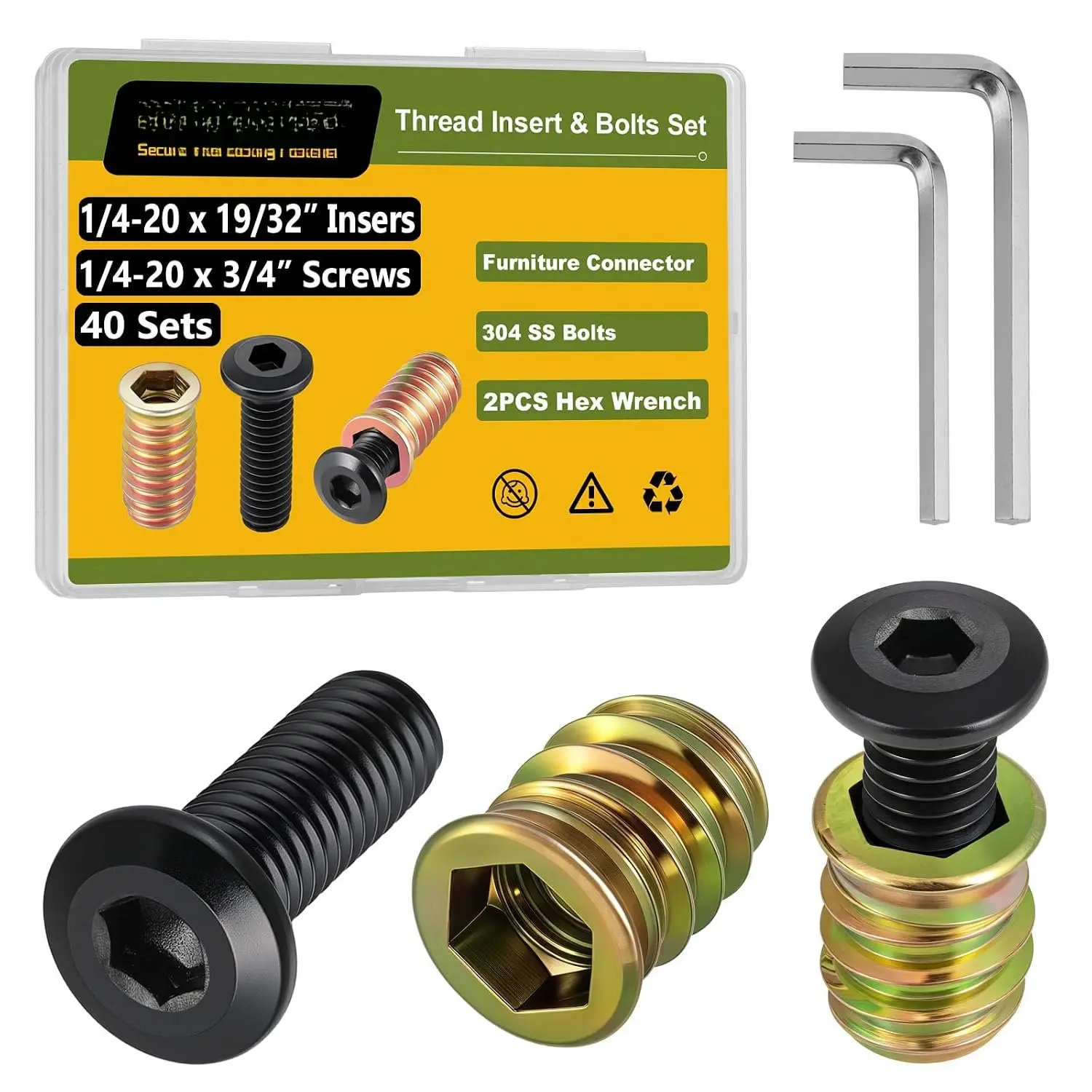 Threaded Inserts and  Set, 40 Sets, 1/4-20 x 19/32" Threaded Inserts for , 1/4-20 x 3/4" Furniture Screws, 1/4 Bolt Flat  304 Stainless Steel, Hex Socket Drive, 2 count Hex Wrench