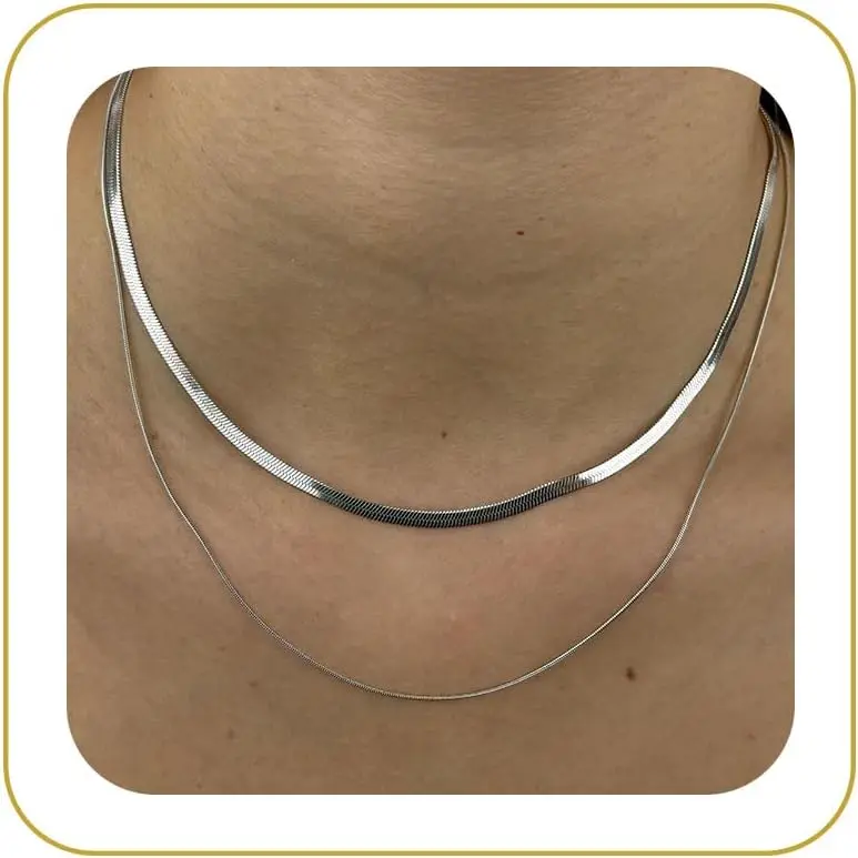 Layered Necklaces for Women Non Tarnish Chunky 14k Gold Plated Herringbone Snake Rope Box Cuban Link Chain Waterproof Layering Stack Choker Necklace Trendy Dainty Jewelry Set