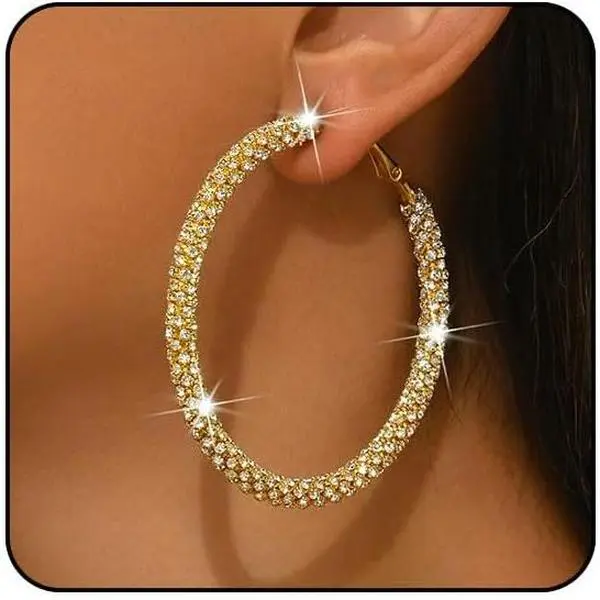 Big Hoop Earrings for Women 30mm 40mm 50mm 60mm 70mm Rhinestone  Hoops Sparkly Chunky  Earrings Hoops Bling Large Black Hoop Earring  Statement Earrings for Women Trendy Prom Wedding Chunky