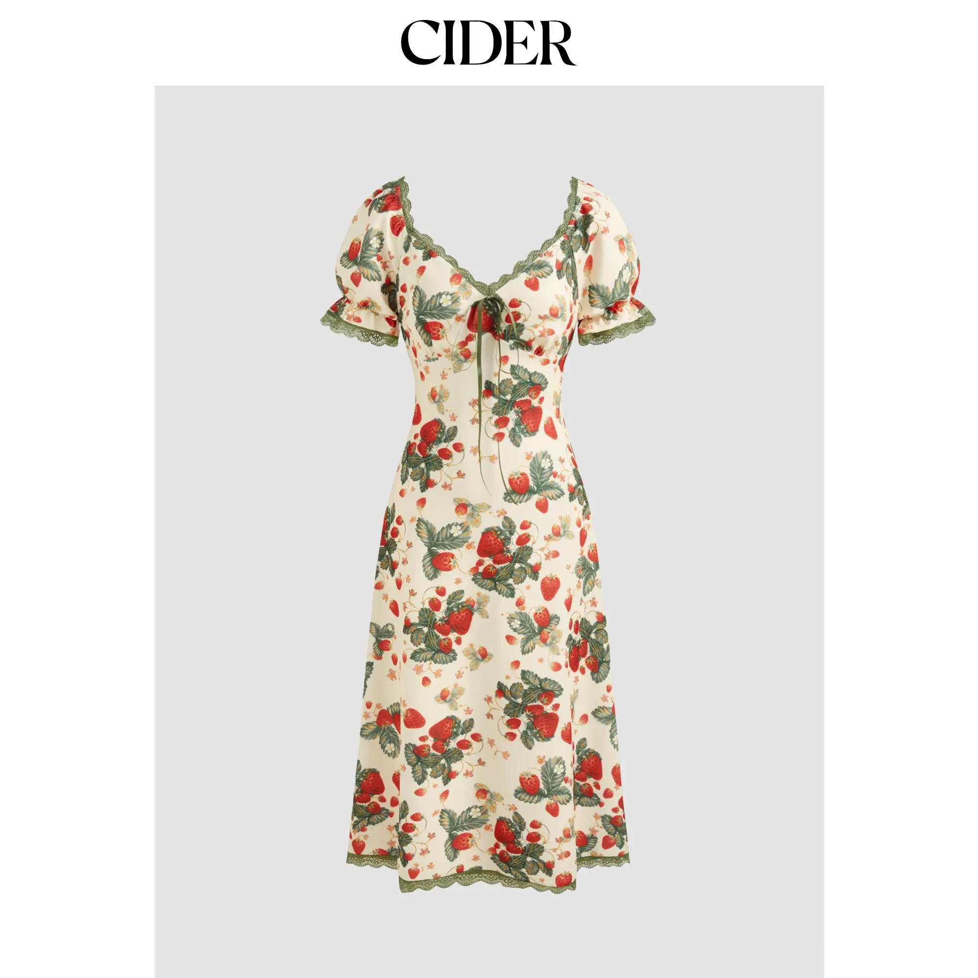 Cider Square Neck Strawberry Graphic Contrasting Lace Trim Midi Dress