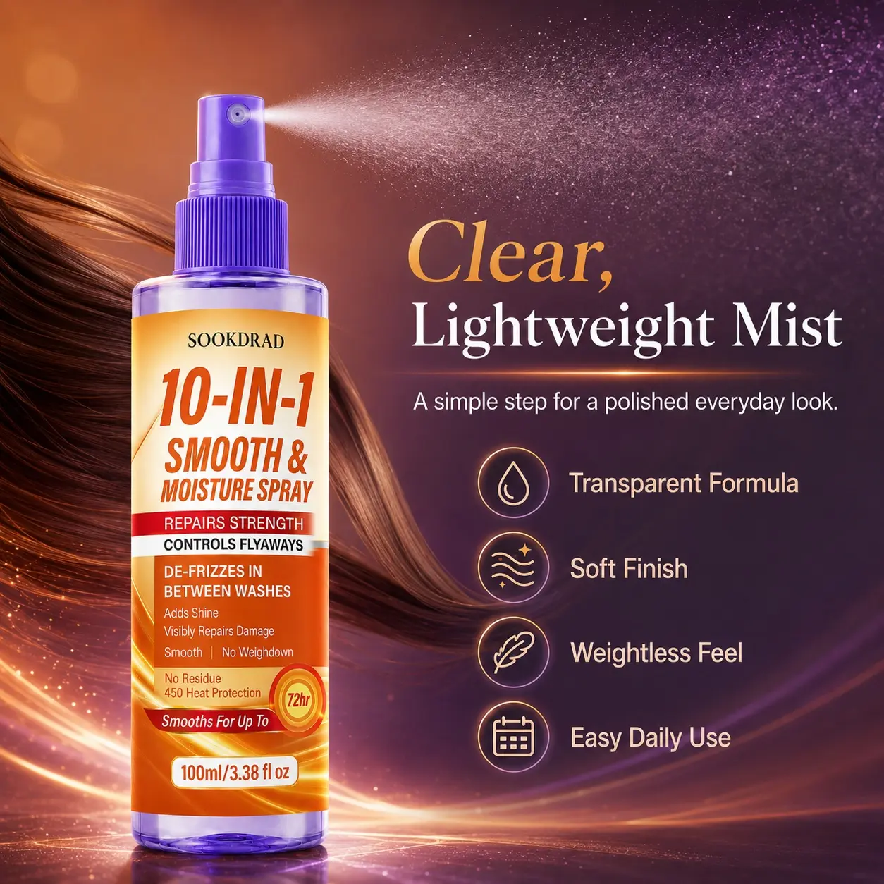 smooth and moisture spray, 10-in-1, repair strength, control flyaways, de-frizz, add shine, repair damage, smooth, no weigh down, no residue, 450 heat protection, 72hr smooths, hair care, 100ml/3.38