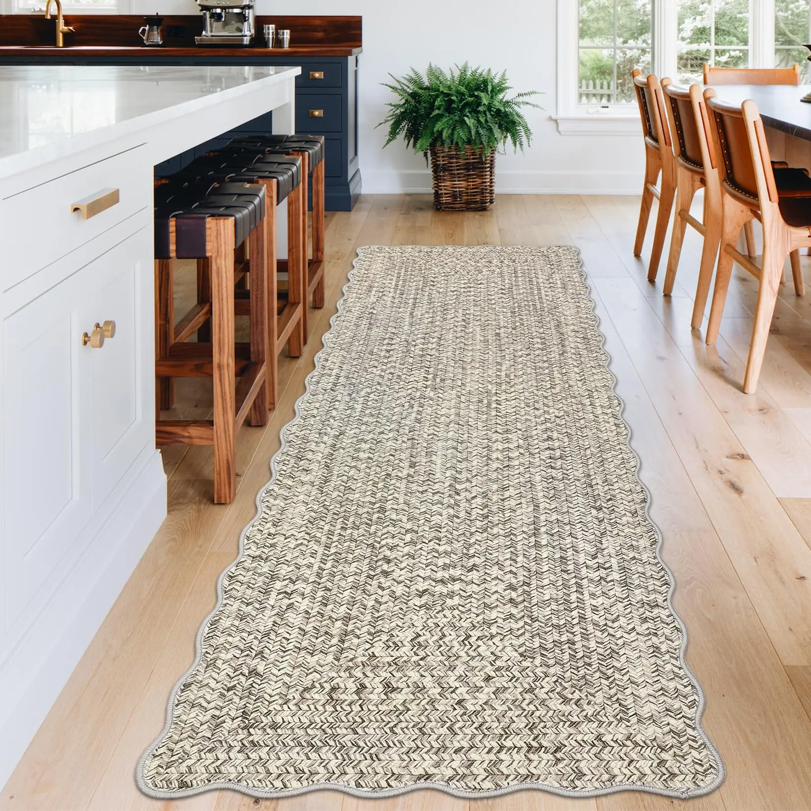 GARVEE Scalloped Runner Rug 2x8 Stain Resistant Kitchen Rug Non Slip Bath Rugs Print Pattern Area Rug for Hallway Indoor Carpet for Front Door Beige
