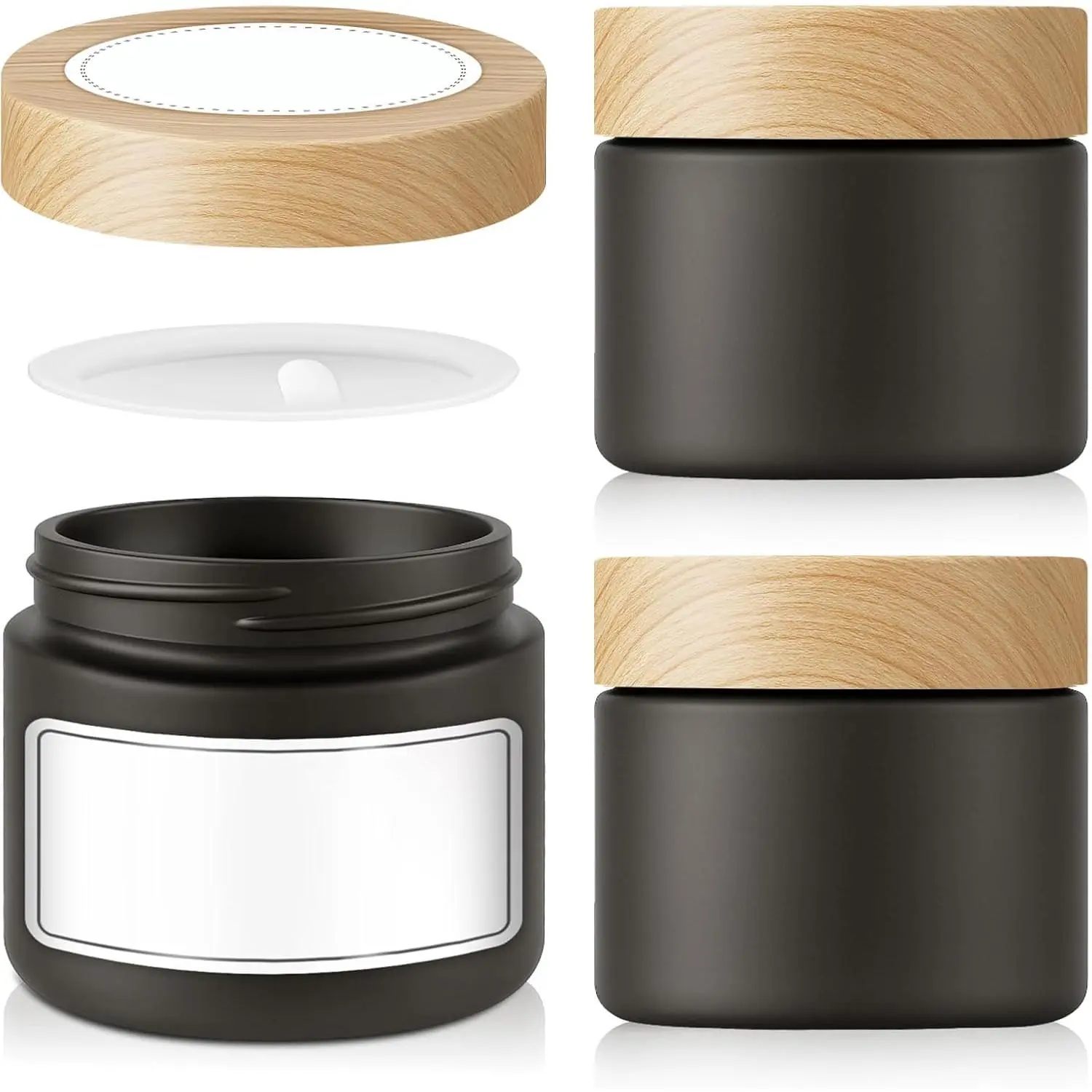 2 oz Matt Black Glass Jars with , 3 Pack Small Glass Containers with Plastic Woodgrain  & Inner Liners, Empty  Airtight  Containers for , Coffee, , Lotion,