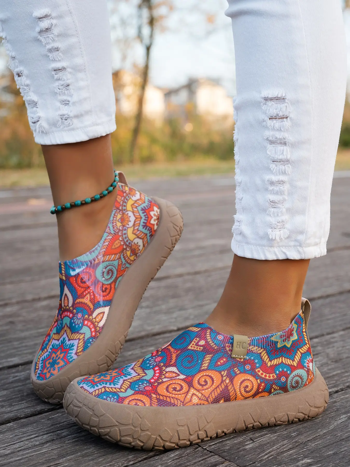 Vintage Ethnic Kaleidoscope Colorful Pattern Mesh Slip-On Shoes, Lightweight Soft Sole Mid-Old Age Walking Shoes, Outdoor Travel Versatile Trendy Casual Shoes, Breathable Casual Shoes