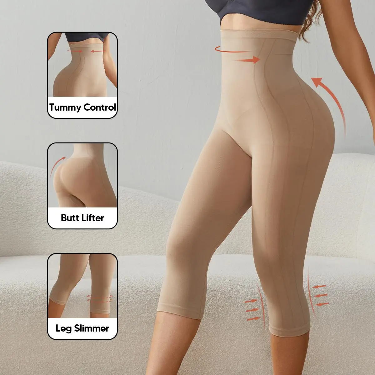 Suprenx Women's Seamless High-Waist Shaper Shorts - Breathable Tummy Control, Butt Lift, Anti-Slip Grip Capri Leggings for Birthday, Wedding, Work Knitting & Gym Activewear Bottoms, Foldable, Body Contouring, Elegant, Plain, Fabric, Capri Cut, Body Contro