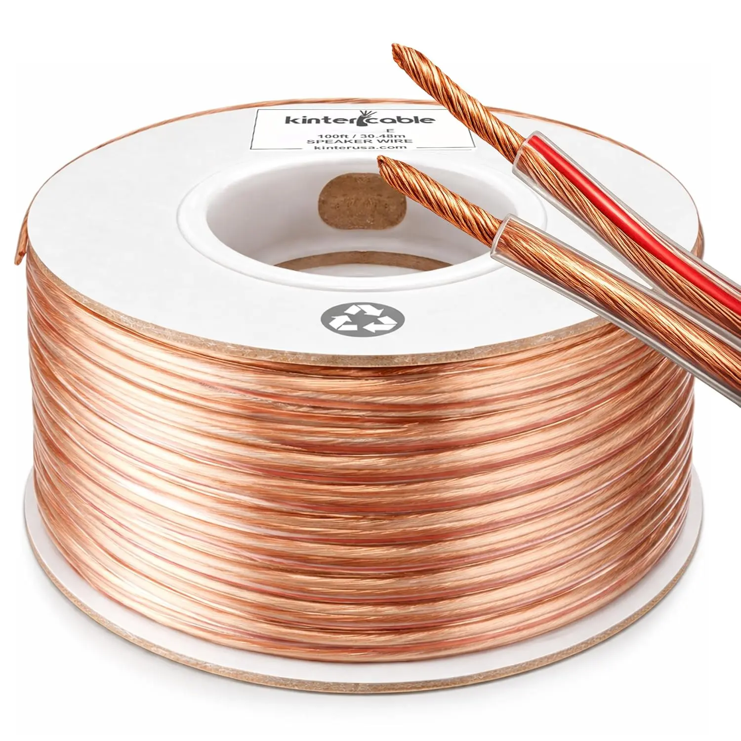 Kinter Cable 100ft 14-Gauge Audio Stereo Speaker Wire 30.48 Meters 2 Conductor Polarity Marked Clear PVC, CCA, Spool in Box, for Home Theater, HiFi, Surround, Car Audio, 117 High Strand Count (.15 OD)