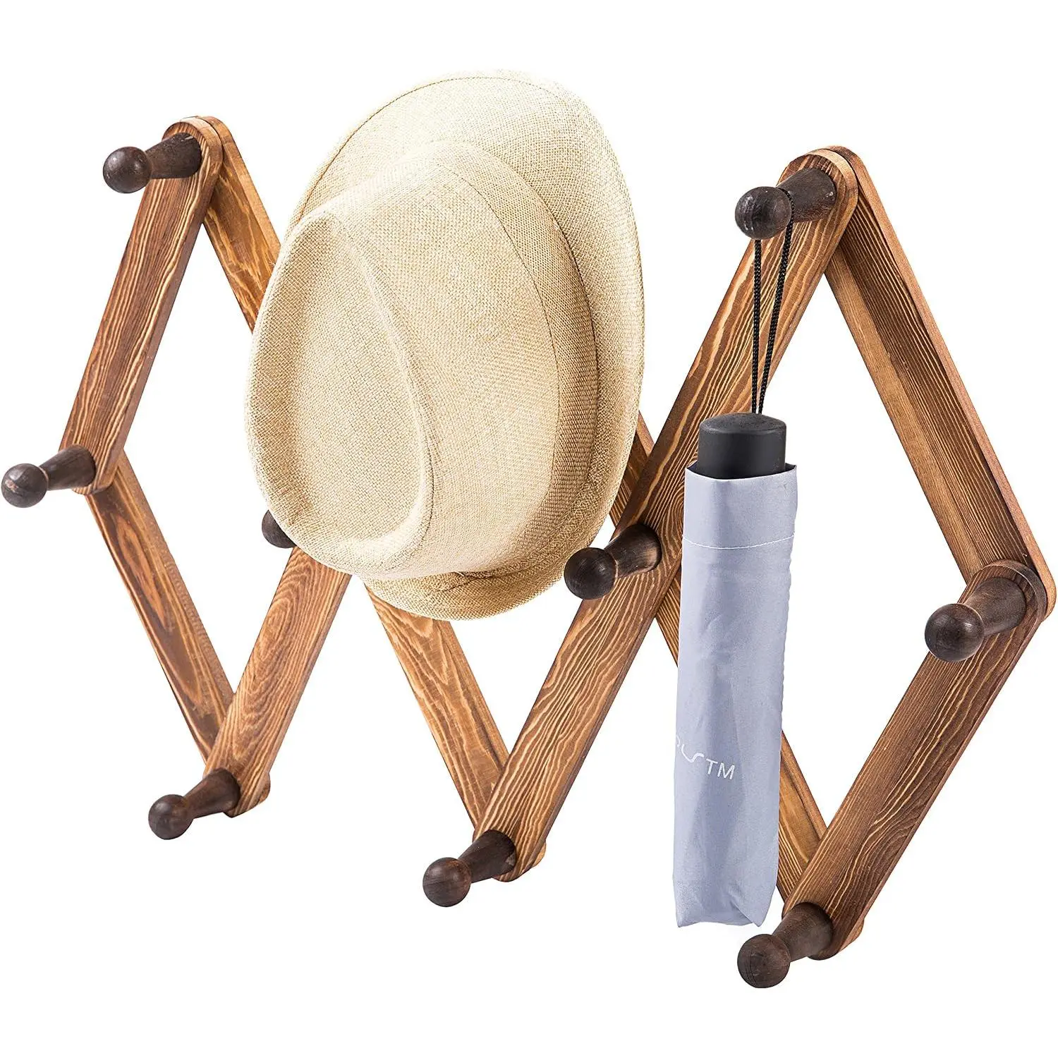 Expandable Hat Rack with 10 Hooks, Burnt  Wall Coat Rack | Expandable accordion design offers 10 pegs for caps, coats, bags, towels, mugs, and everyday accessories while saving space