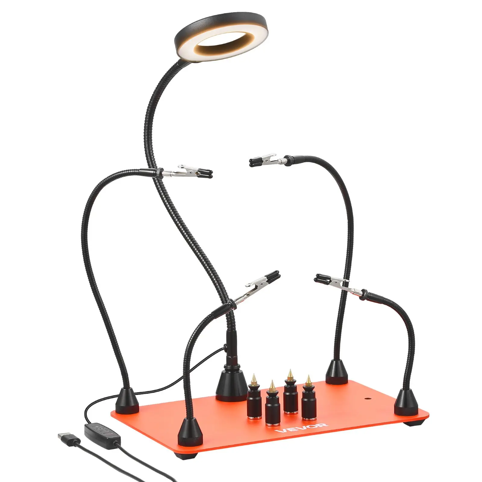 VEVOR Adjustable Magnetic Helping Hands Soldering Workstation, 4 Flexible Arms Third Hand Tool, 3X LED Magnifying Lamp, 4 PCB Pillar Holders, Heavy-Duty Base for Electronic Repair, Painting, Jewelry Making, Nail Art