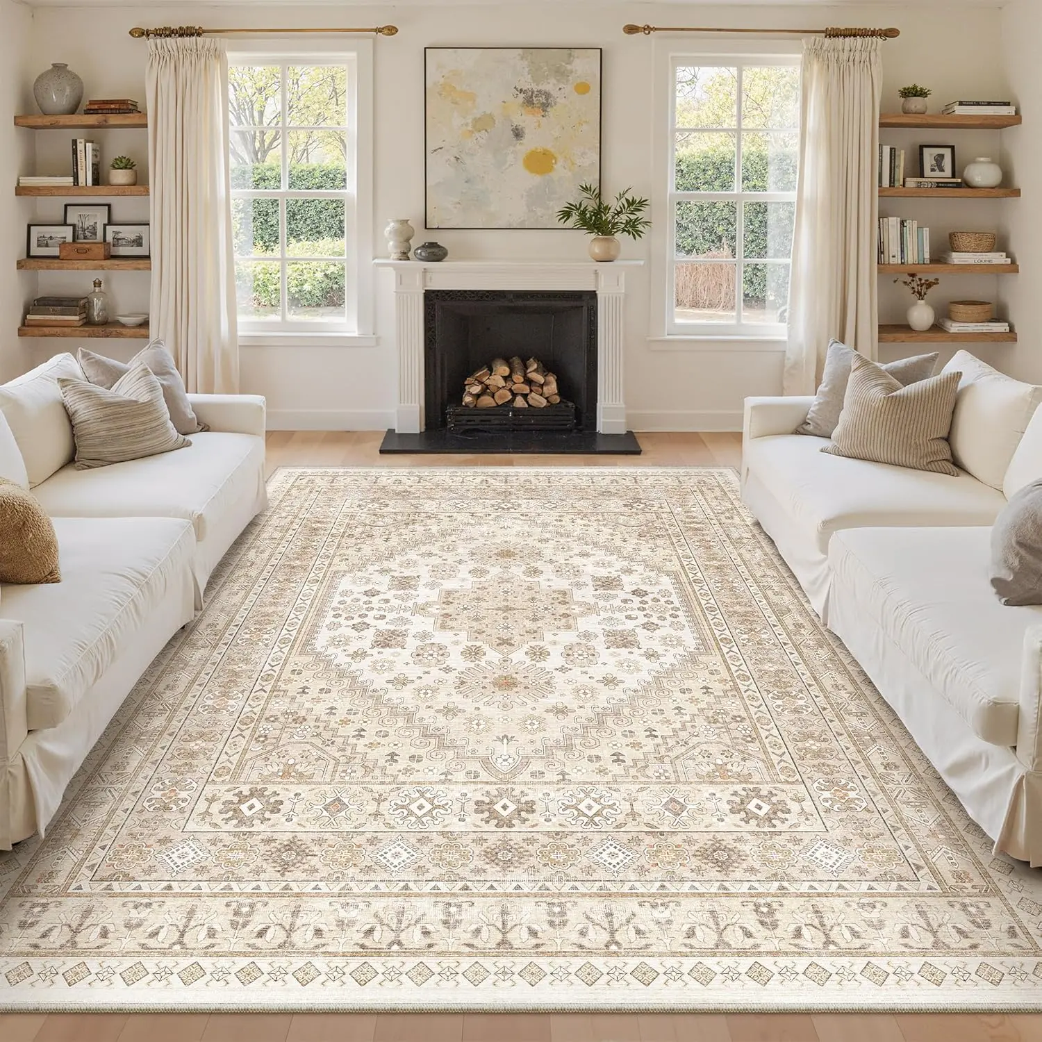 ComiComi Beige Warm Vintage  Area Rugs for Living Room,Noise-Reducing &Non-Shedding  ,Non-Slip Backing,Waterproof & Stain Resistant,Washable Rugs,Large Soft High-Density Pile Area Rug,Home Decor Rugs,Summer Thin Rug Perfect for Pets&Kids. tpr,sala