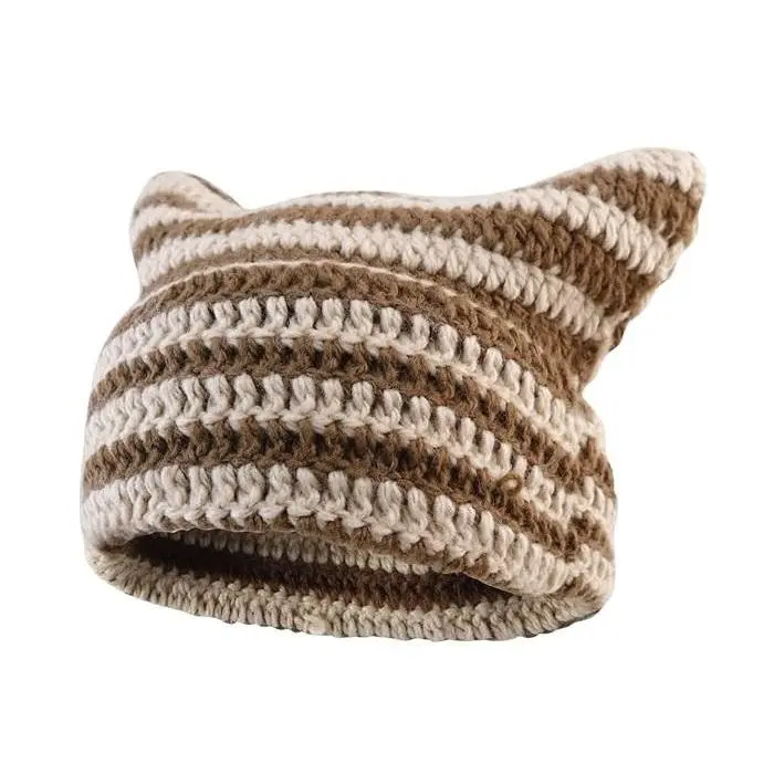 Cat Ear Beanie Crochet Hat Off-season Beanies Knitted Hats Cute Headwear Beanies Y2k Winter Hat Slouchy Beanie Kitsch Bonnet Cotton
