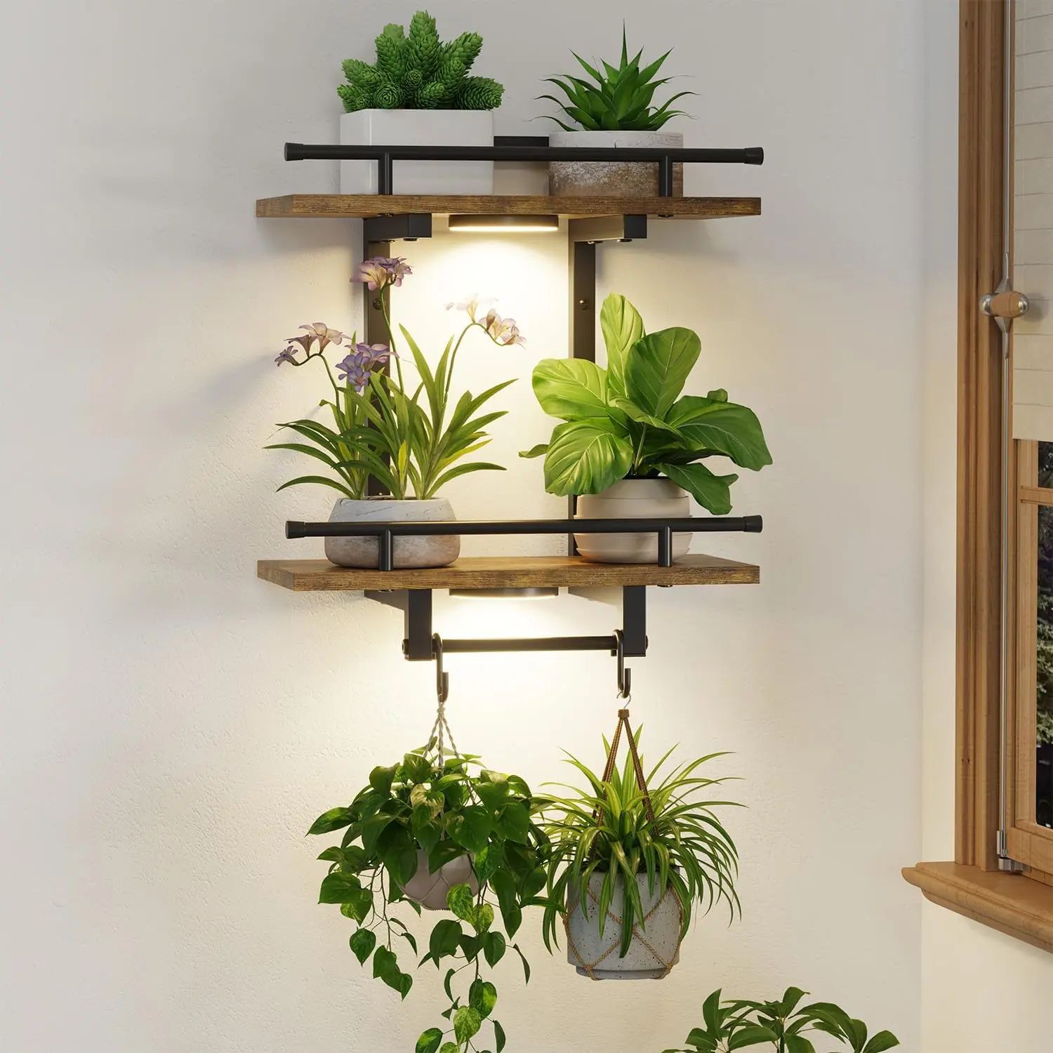 Floating  Shelves Holder Wall Indoor with Light, 1 Pack Brown | 2 Tier Window Hangers Stand with Hooks, Metal and , Flower  Display Rack for Bedroom Living Room Kitchen Decor