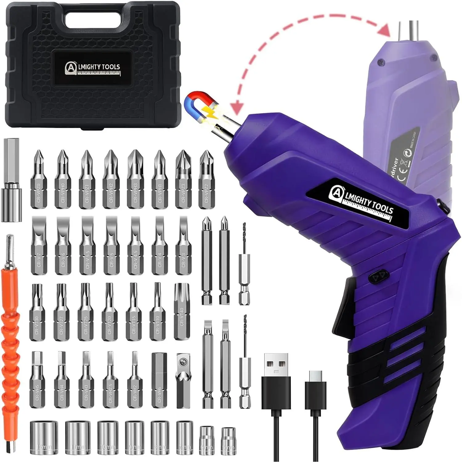Electric Screwdriver, 3.6V Screwdriver, 47Pcs Small Screwdriver Set with Pivoting Handle and LED Light, 3Nm Battery Screw Gun for DIY Enthusiasts