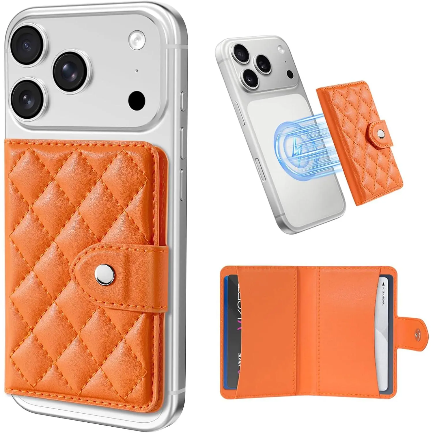Compatible with Magsafe Wallet  4-Card Holder,  Wallet for , RFID Blocking,  Quilting Leather, Slim for  17/16/15/14/13/12 Series, Not for 13/12 Mini,Orange