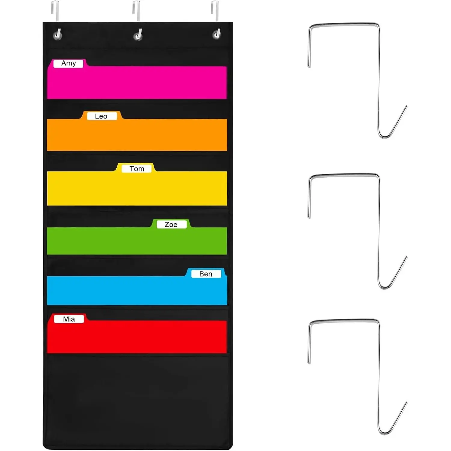 6-Pocket Hanging Wall File Organizer with 3 Hangers, Black Storage Pocket Chart for Door, Wall Folder Organizer, Perfect for Home, Office, Classroom