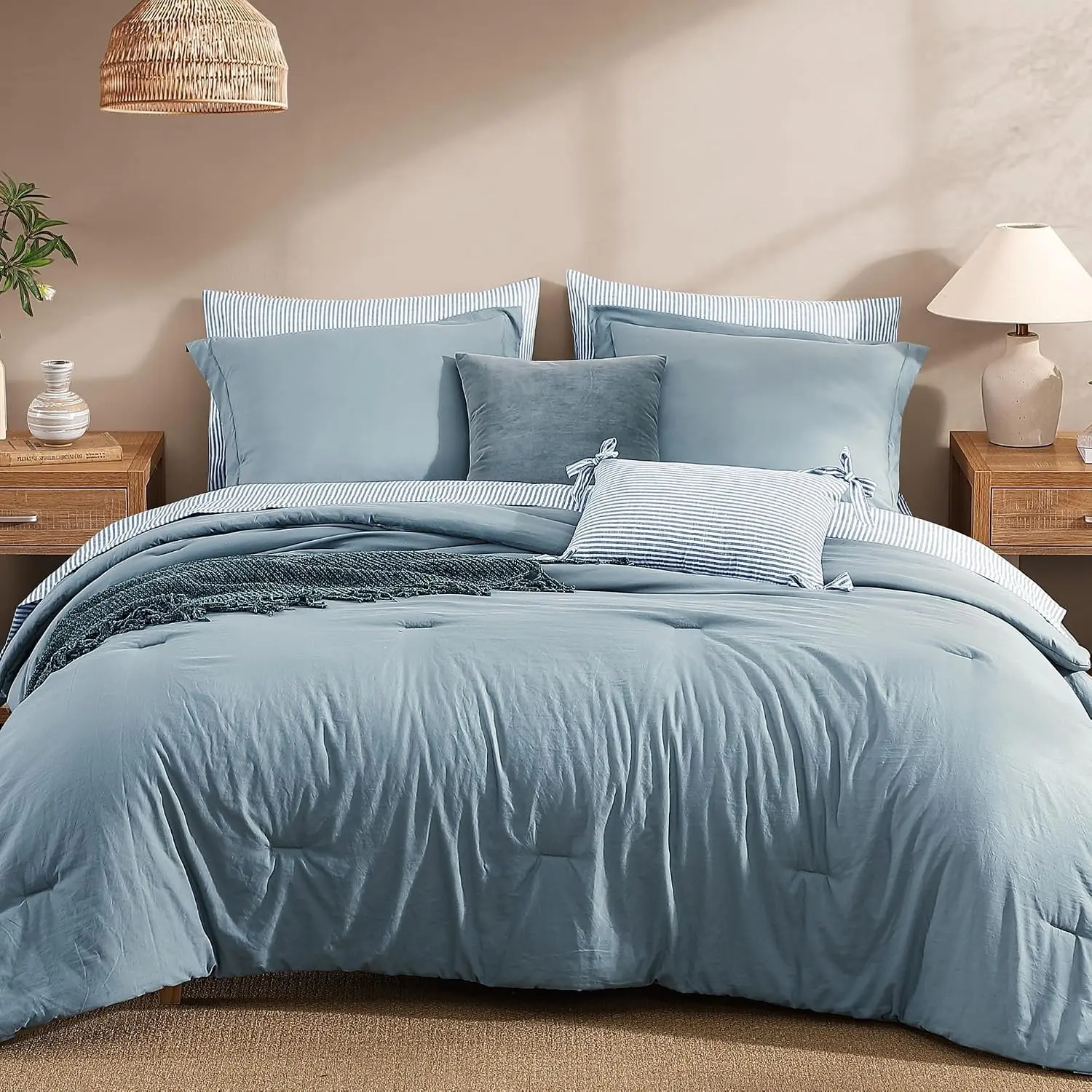 Queen Comforter Set - 7 Pieces Soft Bed in a Bag Queen Bedding Sets | All Season Dusty Blue Prewashed Comforter Bed Set with Striped Sheets, Pillowcases & Shams