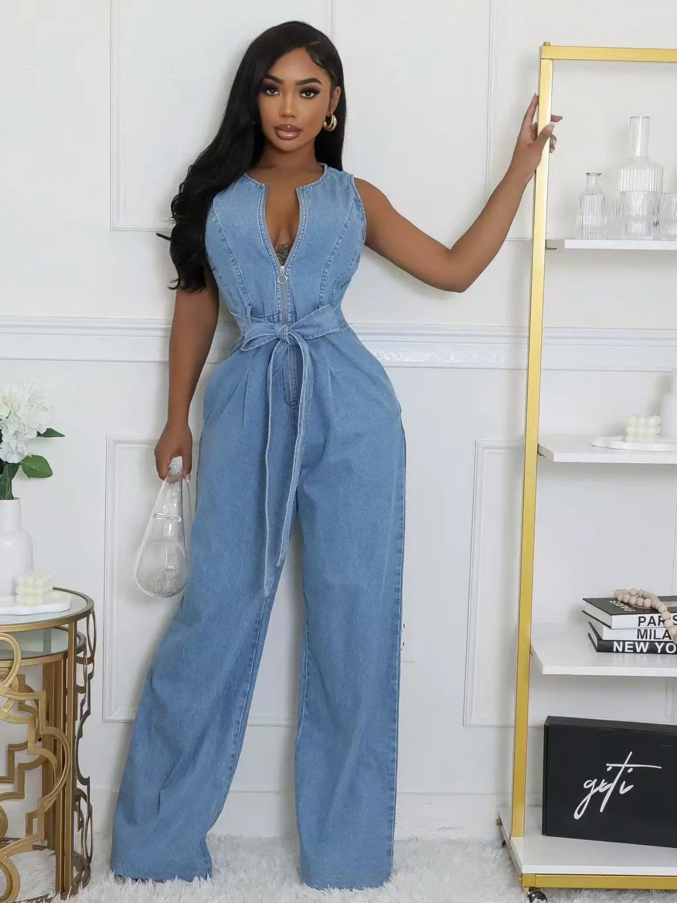 Women's D8768 2026 Cross-Border Tight Waist Slim Fit Elastic Washed Sleeveless Denim Overall Pants, Straight Leg Loose Style, Fashionable Long Trousers Lady Overalls