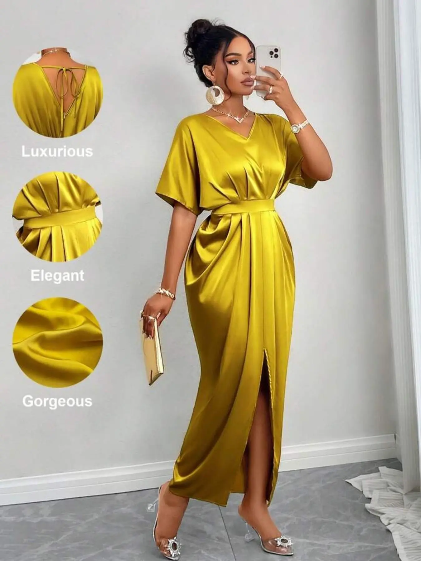 Women's Satin V-Neck Midi Dress, Batwing Sleeve Tie Back Waist Ruched Split Slit Formal Party Gown, Elegant Evening Cocktail Dress