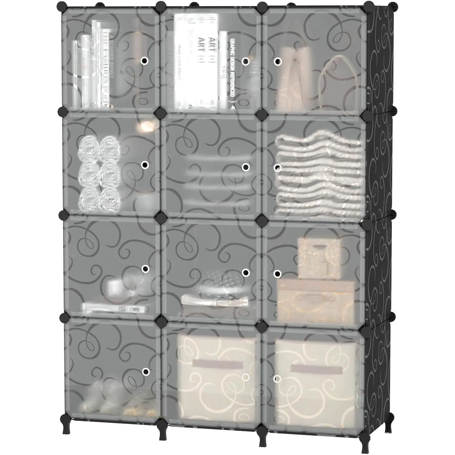 12 Cube Storage Organizer, Closet Storage Shelves with Doors, Black | Portable Closet Organizers, DIY Stackable Storage Cube Shelf, Plastic Clothes Organizer Shelving for Bedroom,  Office