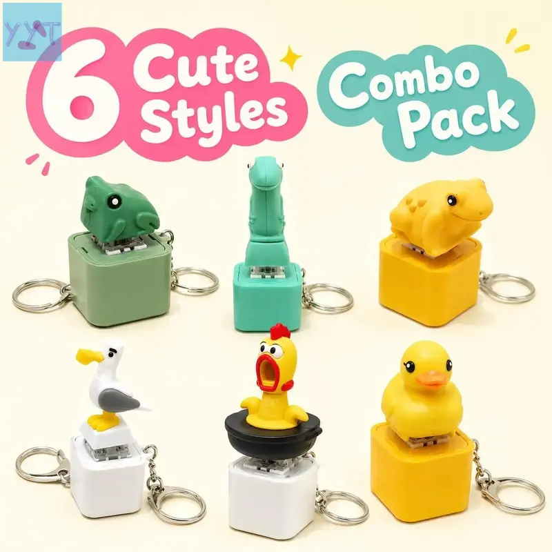 YYT1 6 PCS Cute Pop-Up Keychain Set - Press & Pop Fidget Bag Charms with Coqui Frog & Funny "MINE!" Effects, Pocket-Size Desk Buddies, Desk Buddy