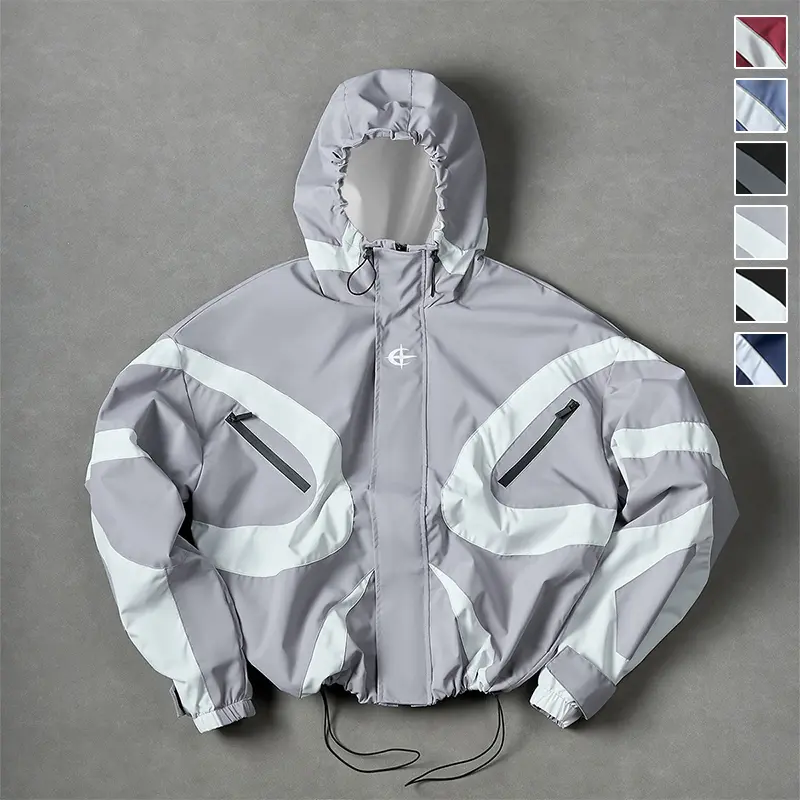 All Season Curved Contrast Spliced Fixed Hood Wind Jacket for Men, Tiny Chest Logo Velcro Cuffs & Drawstring Bottom Hem, Durable Light Zip Up Outer Coat for Shopping Training Street Style