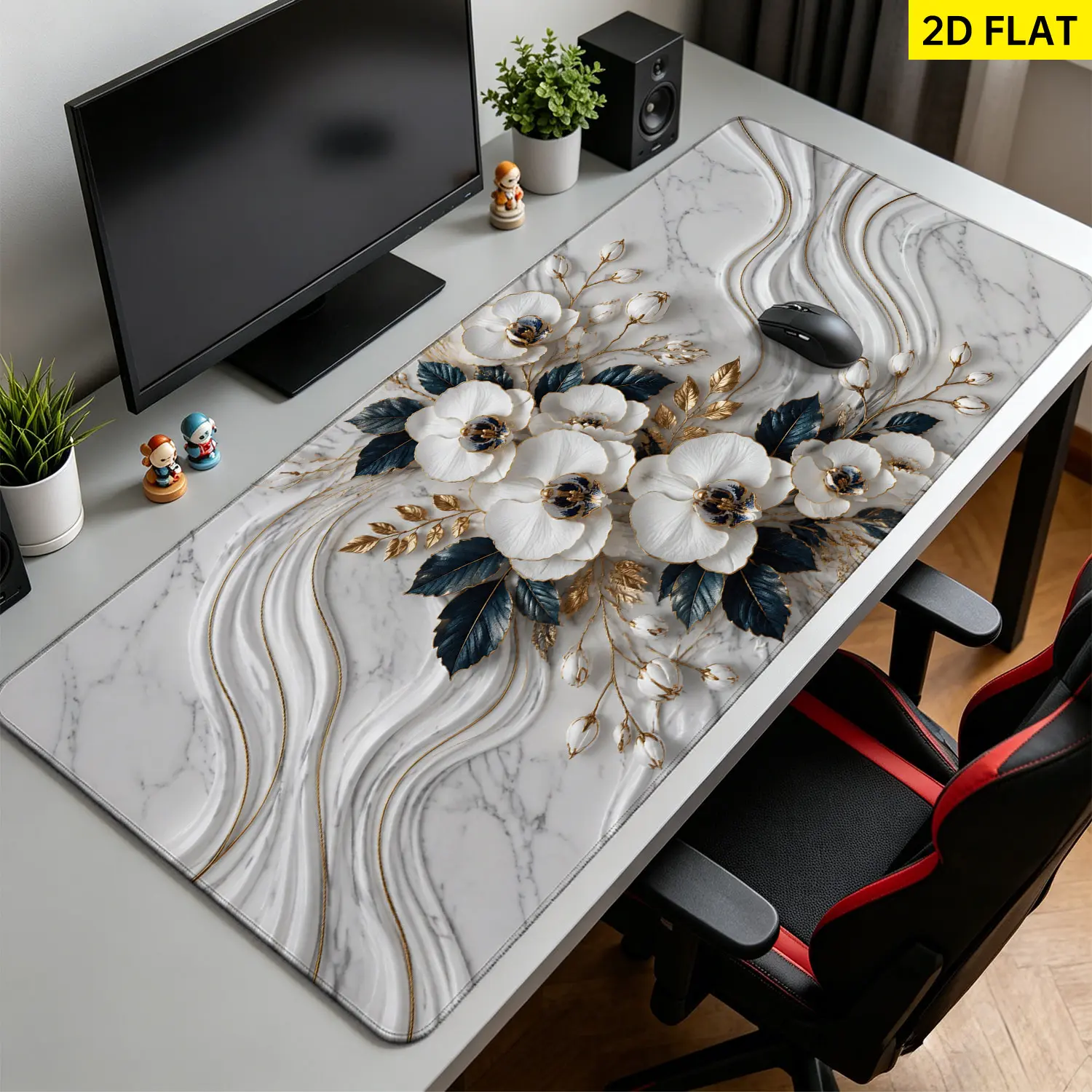 Extra Large elegant white orchid and gold leaf marble art Mouse Pad, Non Slip Rubber Pad, Desktop Decoration Drotection Pad, Washable, Lock Edge Multi Size, Premium Multipurpose Mousepad For Home, Office, Gift for Family and Friends