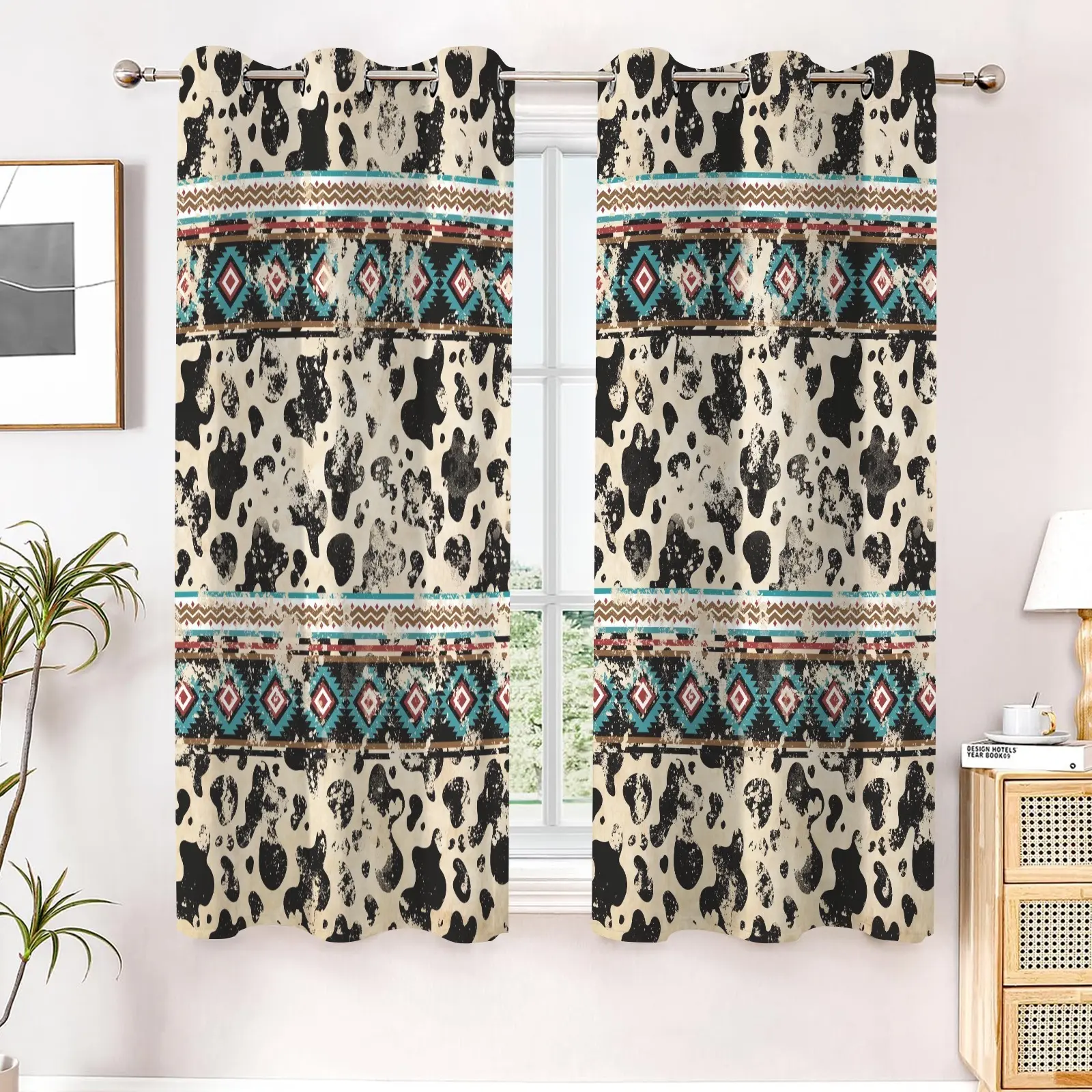 Western Cow Print Navajo Tribal Motif Grommet Blackout Curtains - 100% Polyester Light Blocker Privacy Shield, 52x63/52x84in Minimalist Home/Cabin Drapes, Room Divider for Doors/Windows or Wall Hanging