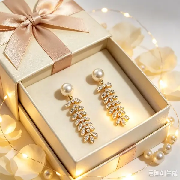 Women's Gold-Tone Leaf Zircon Pearl Long Dangle Earrings - Elegant Bridal Chandelier Drop Jewelry for Wedding Parties