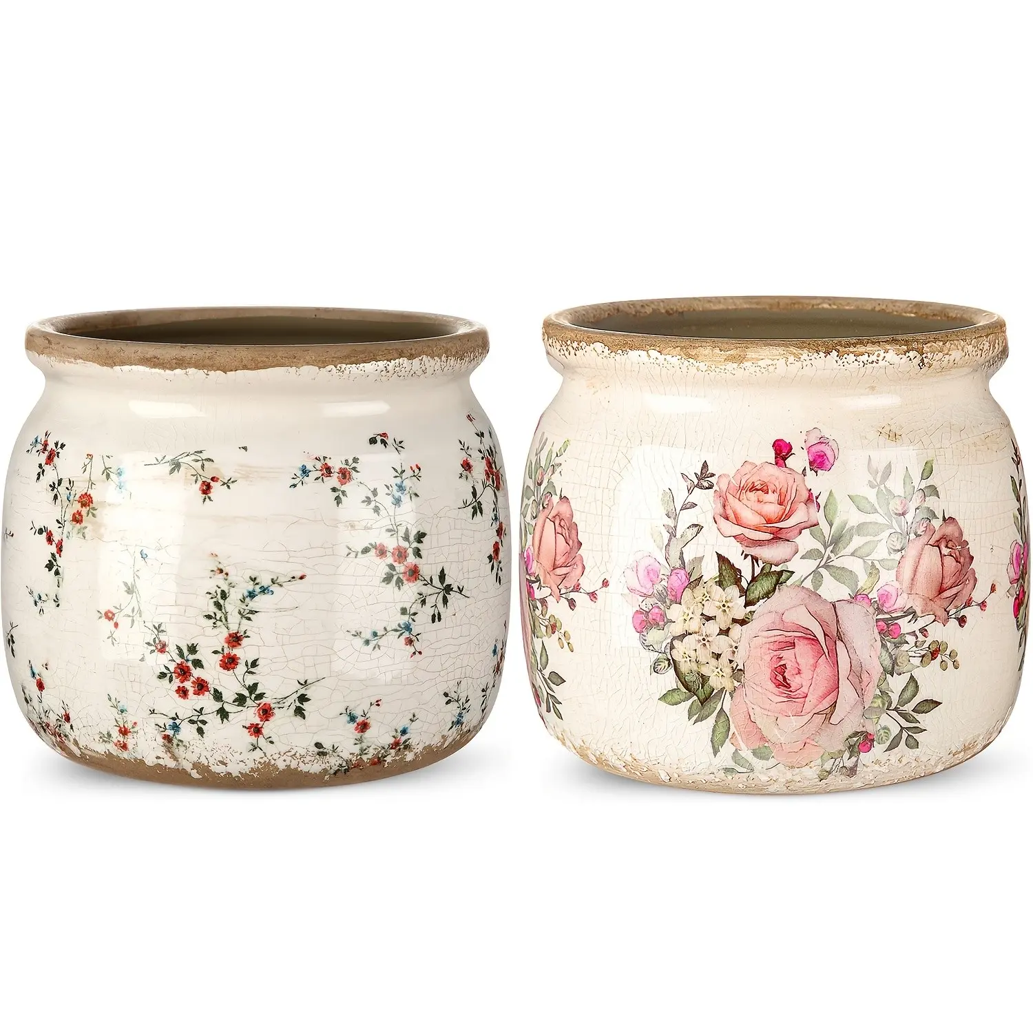 2pcs Vintage Ceramic Planters | Large Pink Red Rustic European Flowers Ice Crack Cottage Scroll Vase Flower Pots For Indoor Plants, Home Kitchen Decor, Farmhouse Decorative Gifts
