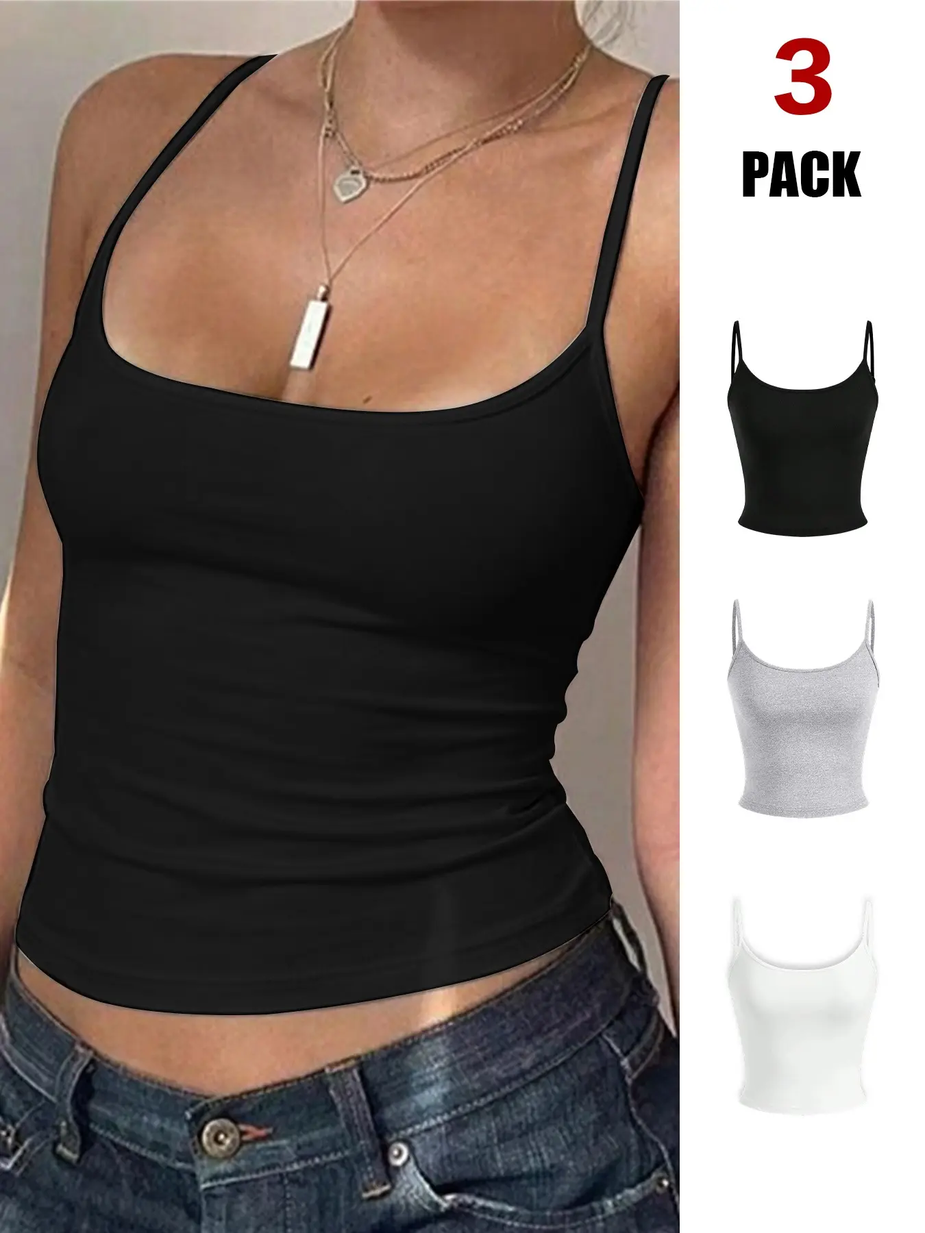 Wrinkle Resistant 3-Pack Crop Tank Tops, Sleeveless, Square Neck, Thin Strap, Open Back, Slim Waist Shaping, Height Boost, Fall Fashion, Chic, Fit