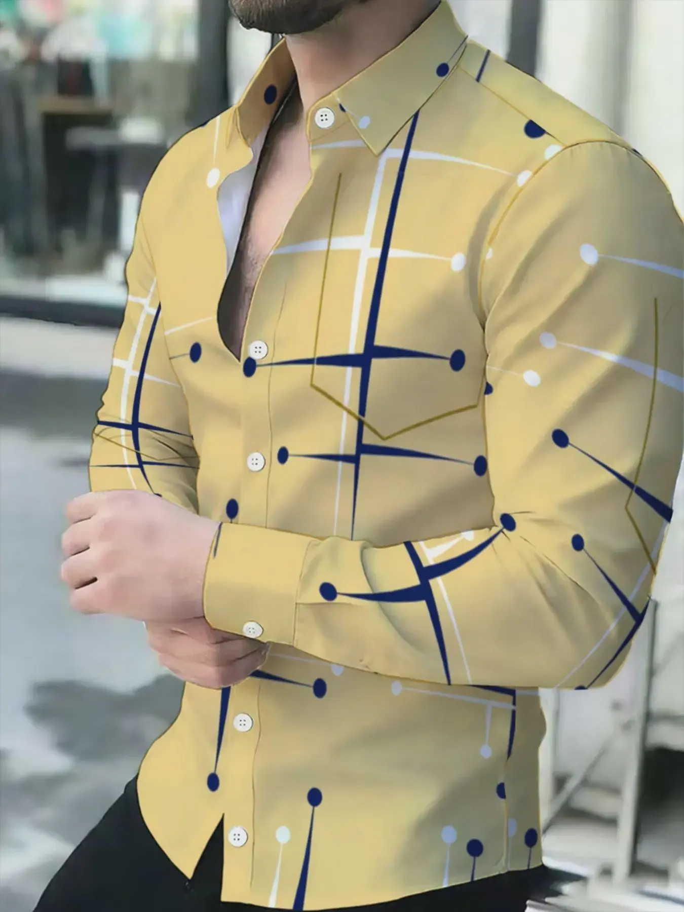 Geometric Pattern Men's Long Sleeve Shirt, Slim Fit Business Casual Shirt, Casual Fitted Shirt, Stylish and Comfortable Design for Daily Wear
