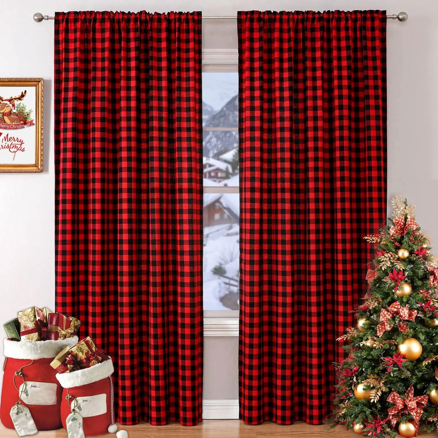 Christmas Red Black Gingham Synthetic Curtains - 42w x 84l (Pack of 2) Country Light Filtering Checkered Drapes for Living Room, Kitchen, Sunroom, Bedroom Decor