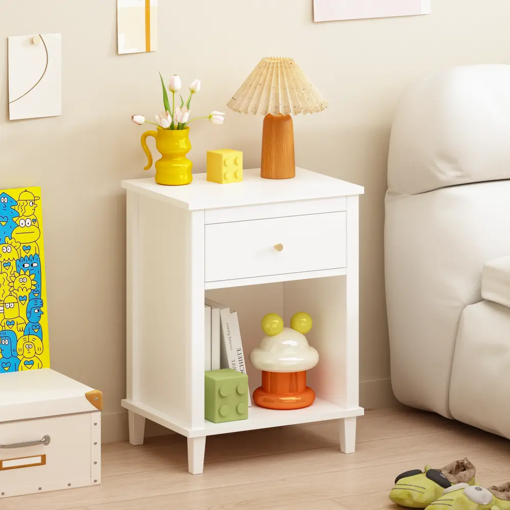 Littleox 26.77''H Wooden Nightstand with One Drawer One Shelf for Kids, Adults, White+Golden handle