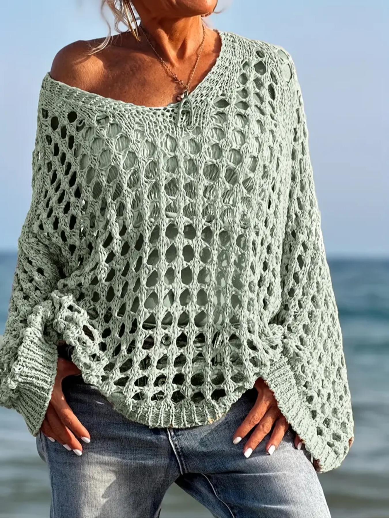 Women's Casual Everyday Loose-Fit V Neck Top, Hollow Out Design, Polyester Knit Fabric, Hand Washable, All Season Wear, Knitwear, Summer