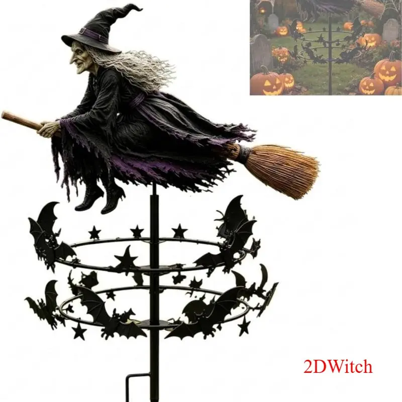 Halloween Outdoor Yd Spinner - Witch Flying on Broom & Wind-Powered Spin Rotating Bat Decor, Easy-Setup Spooky Ground Stake Base Garden Lawn Ornament, 2026 Outdoor Decor Prop for Gardens & Parties
