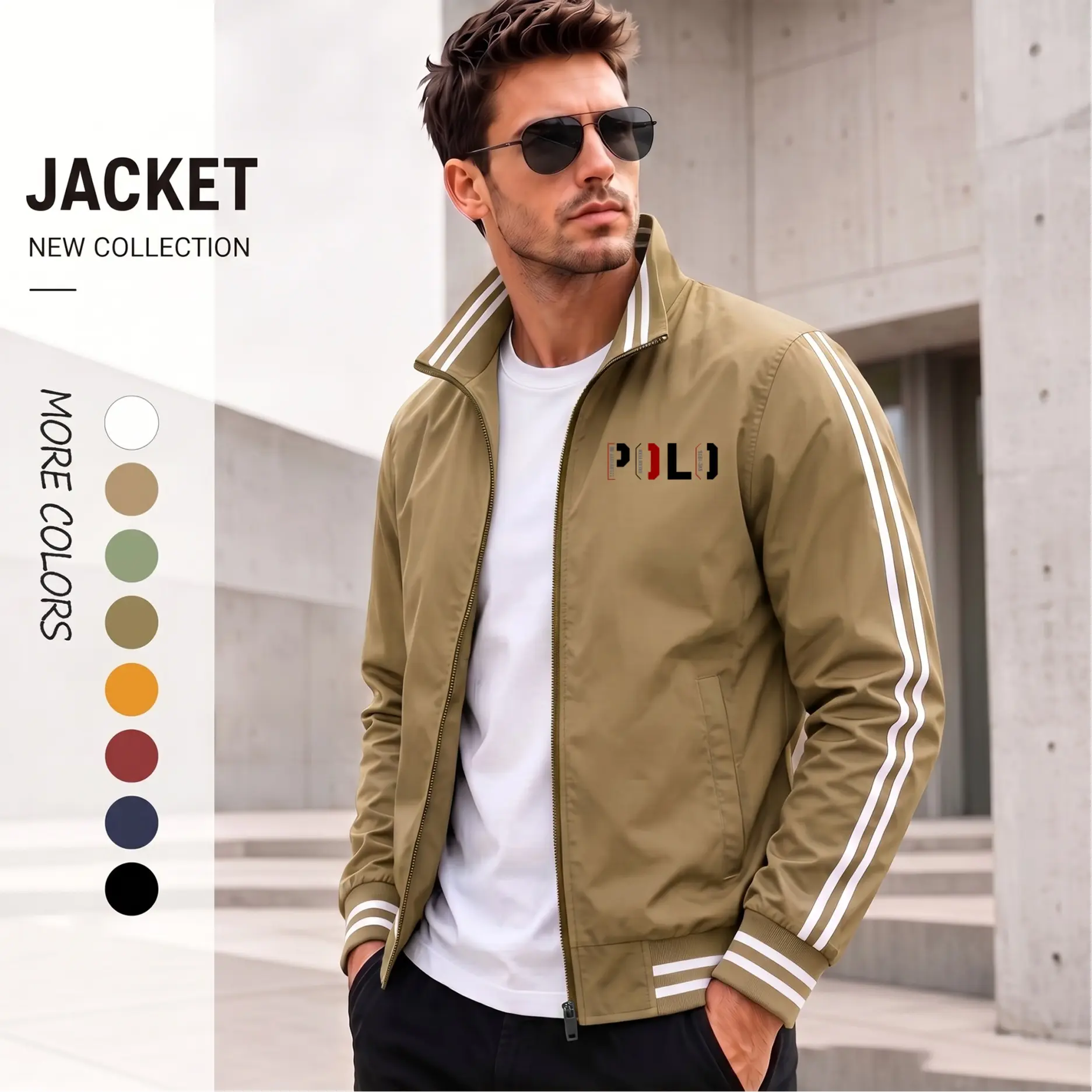 Men’s Athletic Minimal Bomber Jacket – Lightweight Zip-Up Streetwear Jacket with Clean Chest Logo Print, Ribbed Hem & Stripe Sleeve Urban Style