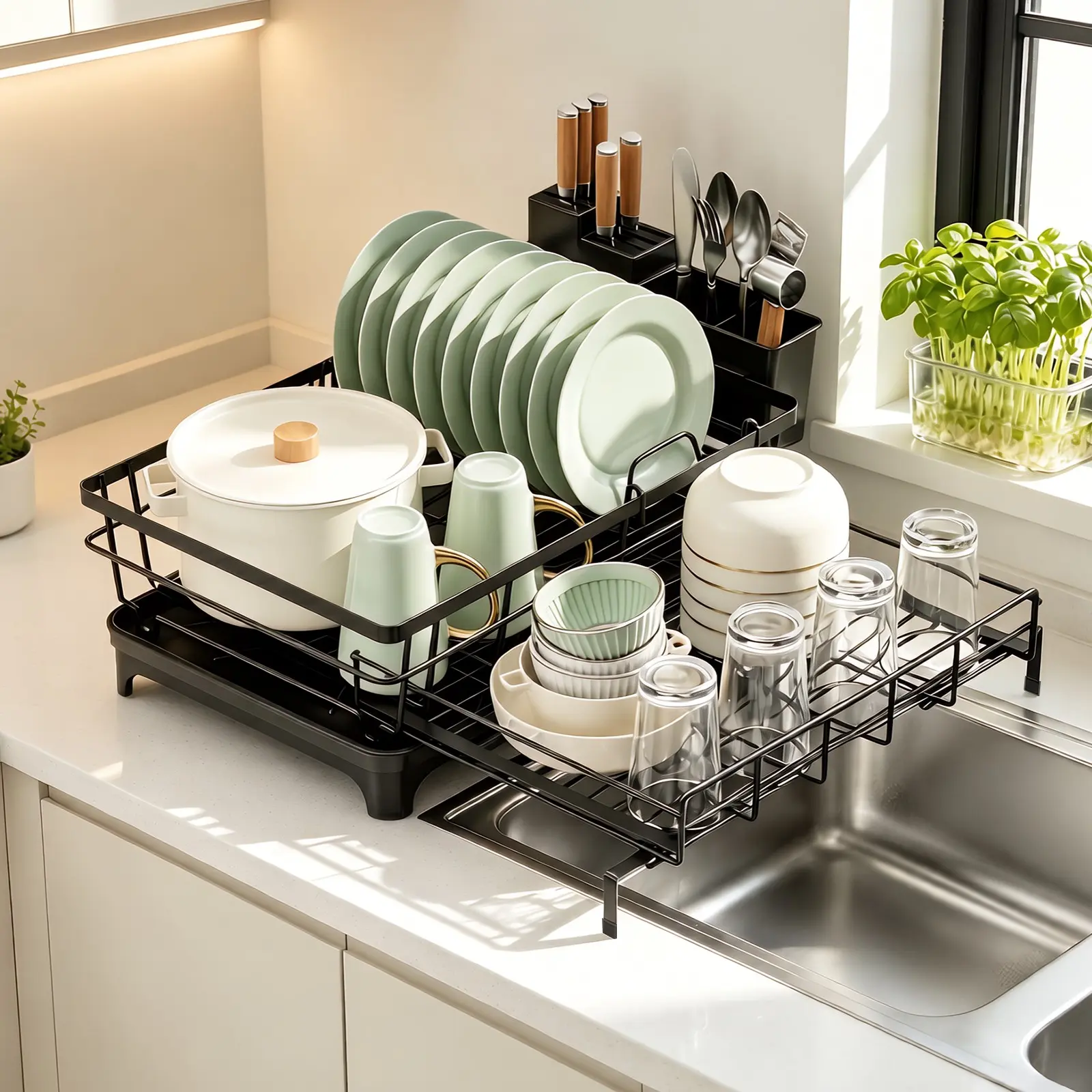Adjustable Dish Drainer,A dish rack with a drip tray and drip tube,Expandable metal storage rack,Comes with a chopstick holder, a knife and fork holder, and a cup holder,Kitchen countertop storage basket,Suitable for kitchens and restaurants